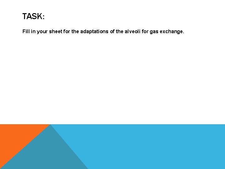 TASK: Fill in your sheet for the adaptations of the alveoli for gas exchange. TASK: Fill in your sheet for the adaptations of the alveoli for gas exchange.