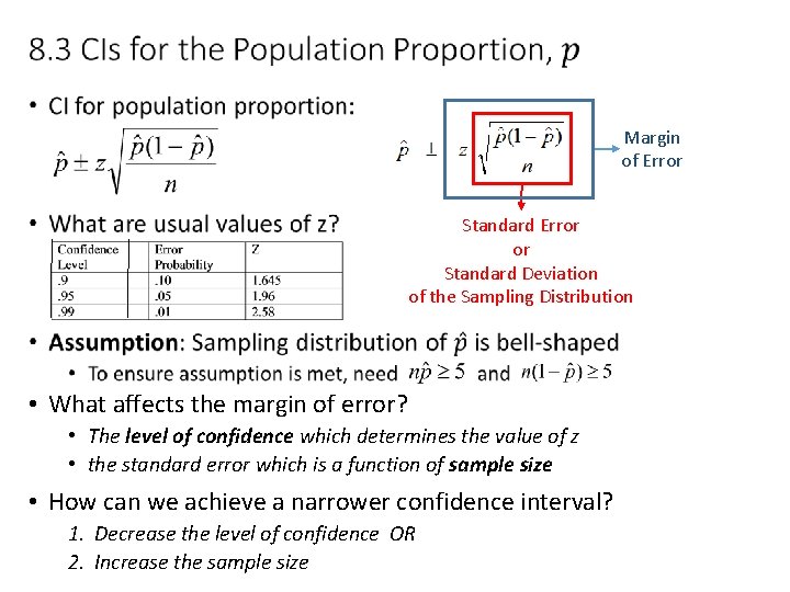  • Margin of Error Standard Error or Standard Deviation of the Sampling Distribution