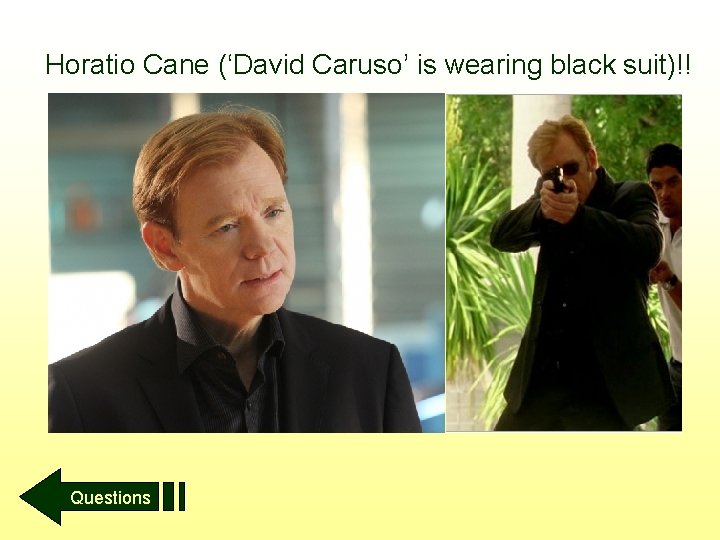 Horatio Cane (‘David Caruso’ is wearing black suit)!! Questions 