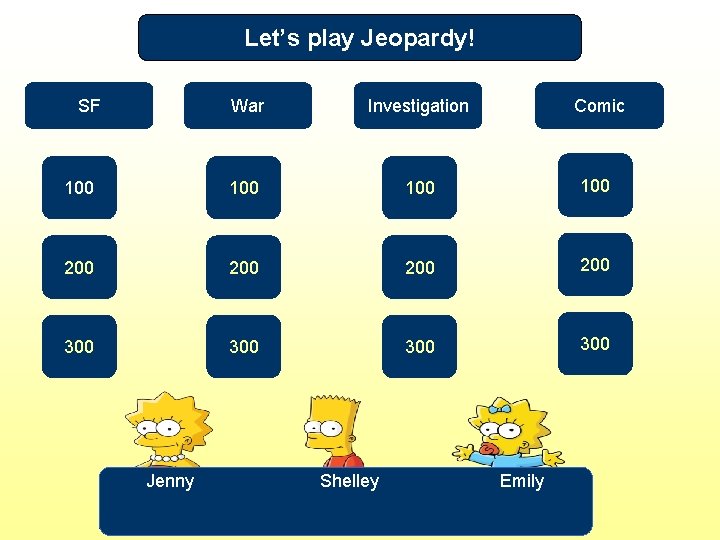 Let’s play Jeopardy! SF War Investigation Comic 100 100 200 200 300 300 Jenny