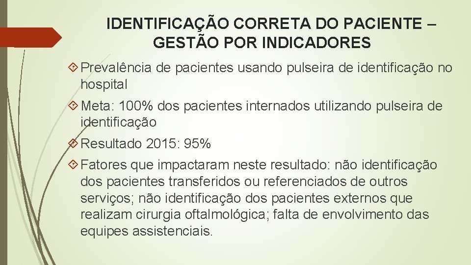 IDENTIFICAÇÃO CORRETA DO PACIENTE – GESTÃO POR INDICADORES Prevalência de pacientes usando pulseira de