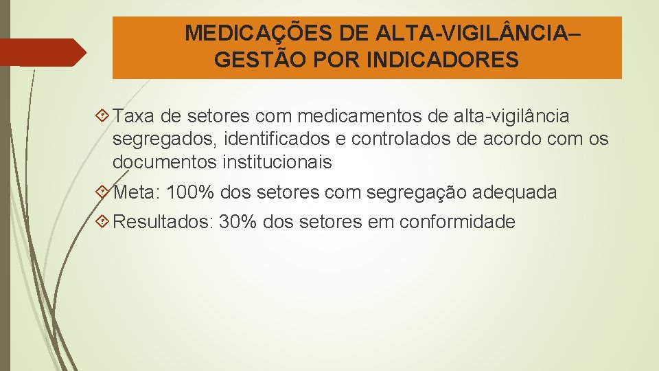 MEDICAÇÕES DE ALTA-VIGIL NCIA– GESTÃO POR INDICADORES Taxa de setores com medicamentos de alta-vigilância