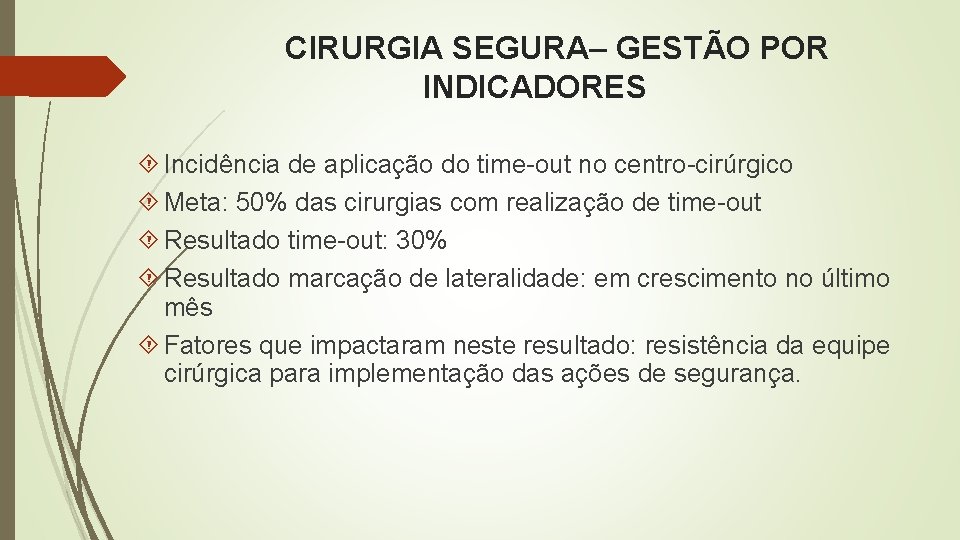 CIRURGIA SEGURA– GESTÃO POR INDICADORES Incidência de aplicação do time-out no centro-cirúrgico Meta: 50%