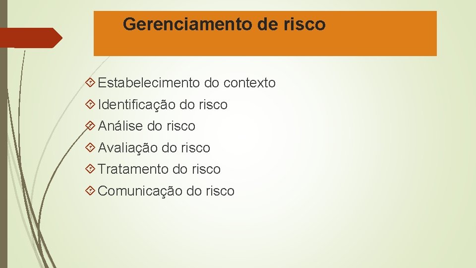 Gerenciamento de risco Estabelecimento do contexto Identificação do risco Análise do risco Avaliação do