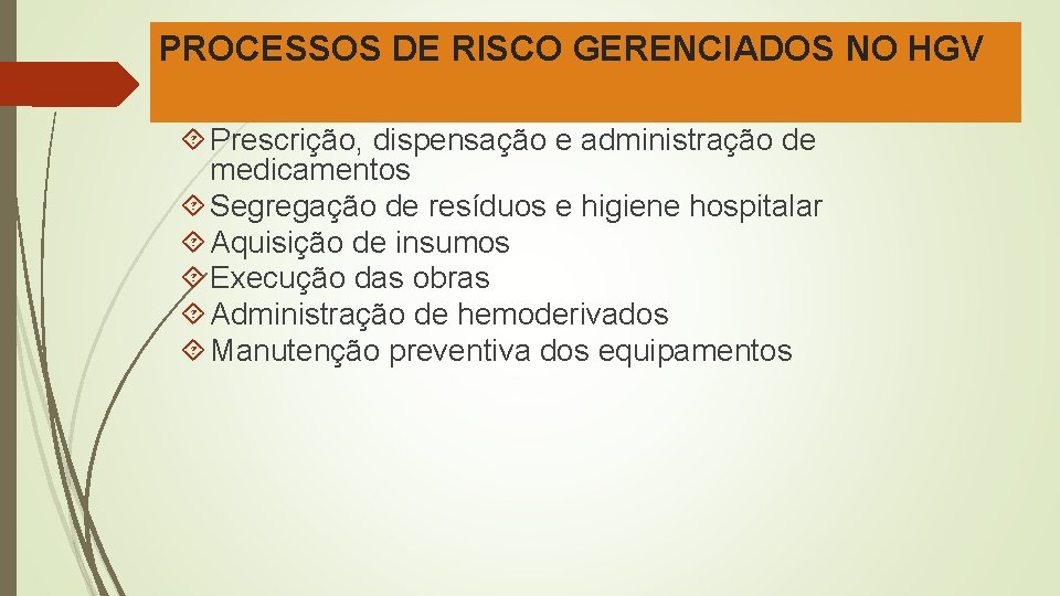 PROCESSOS DE RISCO GERENCIADOS NO HGV Prescrição, dispensação e administração de medicamentos Segregação de