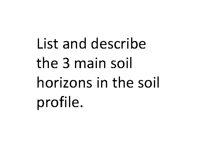 List and describe the 3 main soil horizons in the soil profile. 