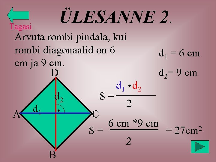 Tagasi ÜLESANNE 2. Arvuta rombi pindala, kui rombi diagonaalid on 6 d 1 =