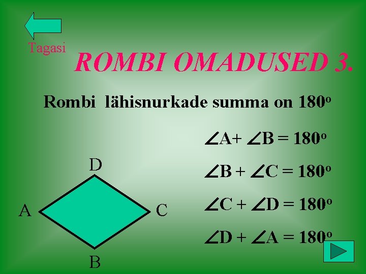 Tagasi ROMBI OMADUSED 3. Rombi lähisnurkade summa on 180 o A+ B = 180