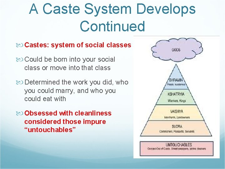 A Caste System Develops Continued Castes: system of social classes Could be born into