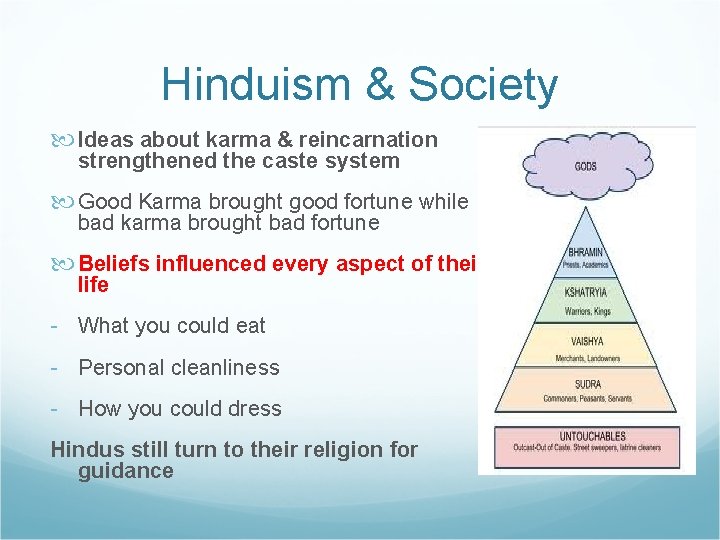 Hinduism & Society Ideas about karma & reincarnation strengthened the caste system Good Karma