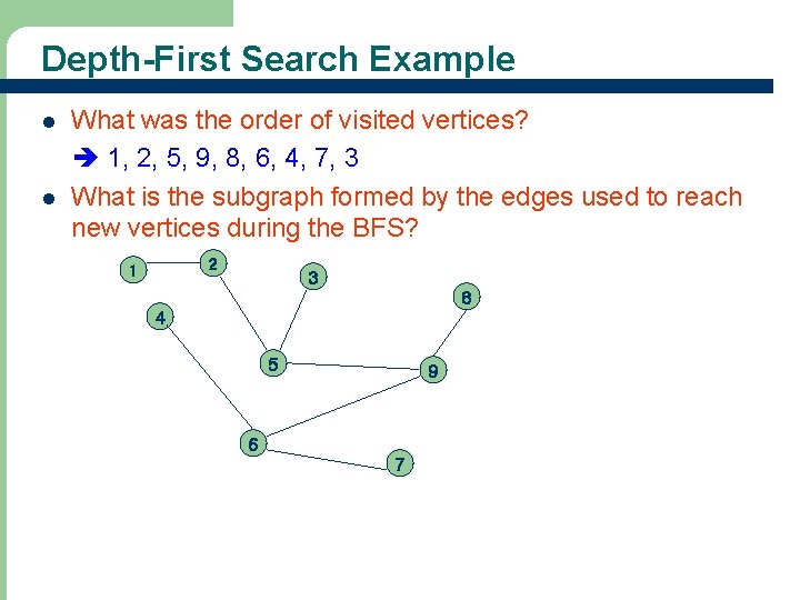 Depth-First Search Example l l What was the order of visited vertices? 1, 2,