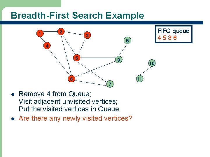 Breadth-First Search Example 2 1 FIFO queue 4536 3 8 4 5 9 6