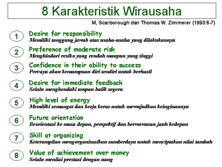 8 Karakteristik Wirausaha M, Scarborough dan Thomas W. Zimmerer (1993: 6 -7) 1 2