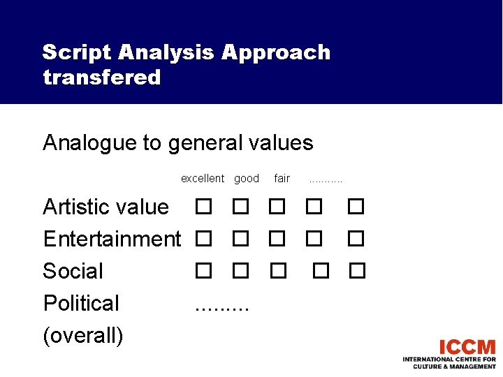 Script Analysis Approach transfered Analogue to general values excellent good Artistic value Entertainment Social
