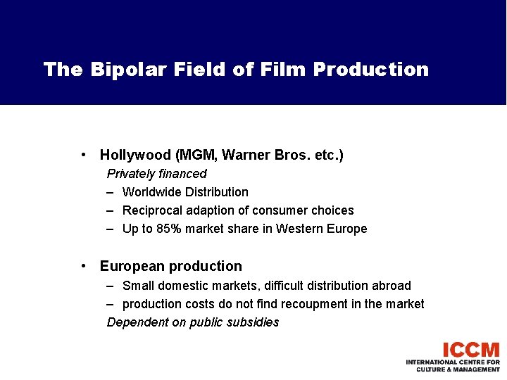 The Bipolar Field of Film Production • Hollywood (MGM, Warner Bros. etc. ) Privately