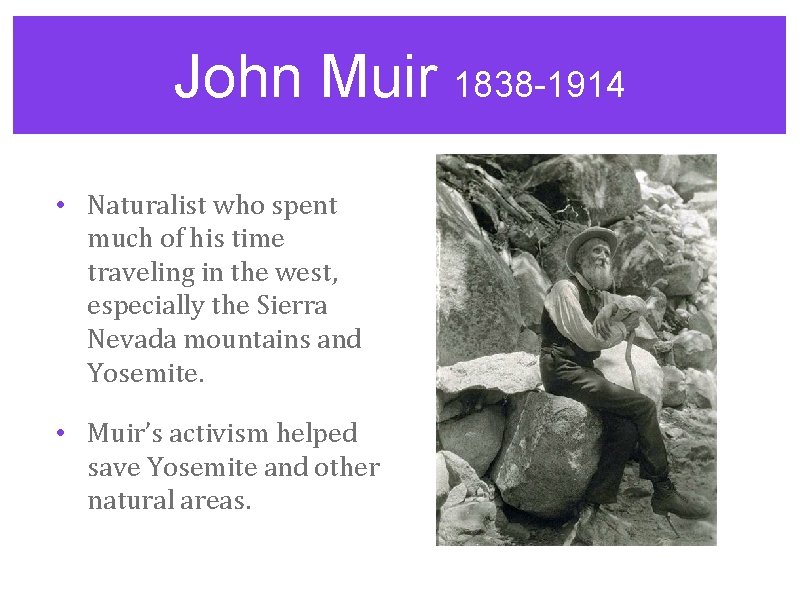 John Muir 1838 -1914 • Naturalist who spent much of his time traveling in