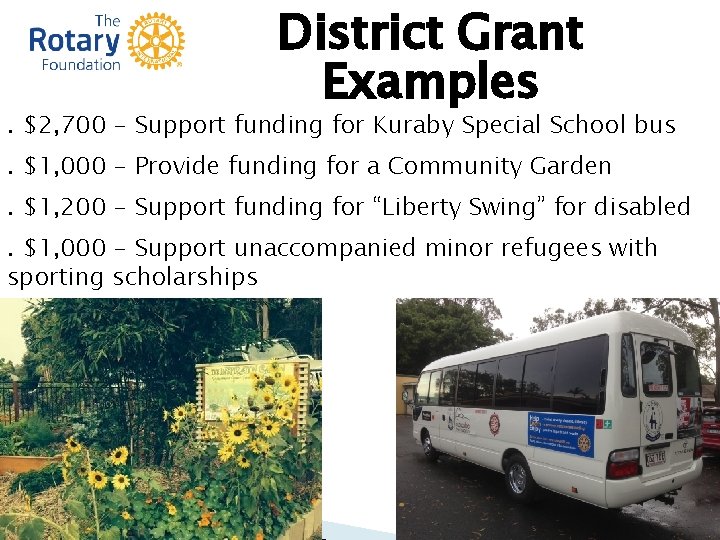 District Grant Examples . $2, 700 - Support funding for Kuraby Special School bus. District Grant Examples . $2, 700 - Support funding for Kuraby Special School bus.