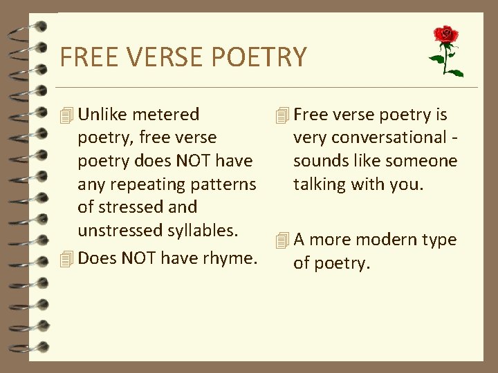 FREE VERSE POETRY 4 Unlike metered 4 Free verse poetry is poetry, free verse