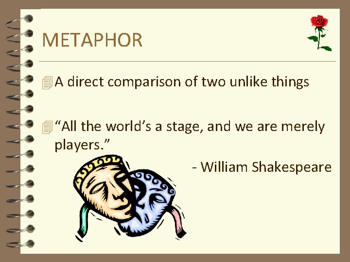 METAPHOR 4 A direct comparison of two unlike things 4 “All the world’s a