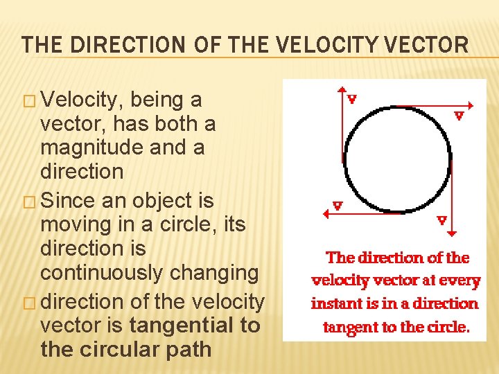 THE DIRECTION OF THE VELOCITY VECTOR � Velocity, being a vector, has both a