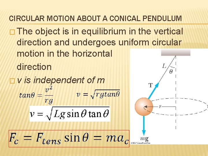 CIRCULAR MOTION ABOUT A CONICAL PENDULUM � The object is in equilibrium in the