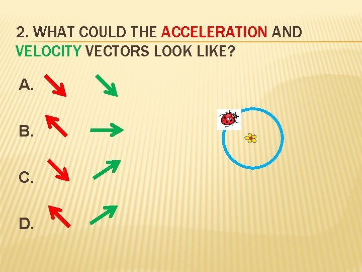 2. WHAT COULD THE ACCELERATION AND VELOCITY VECTORS LOOK LIKE? A. B. C. D.