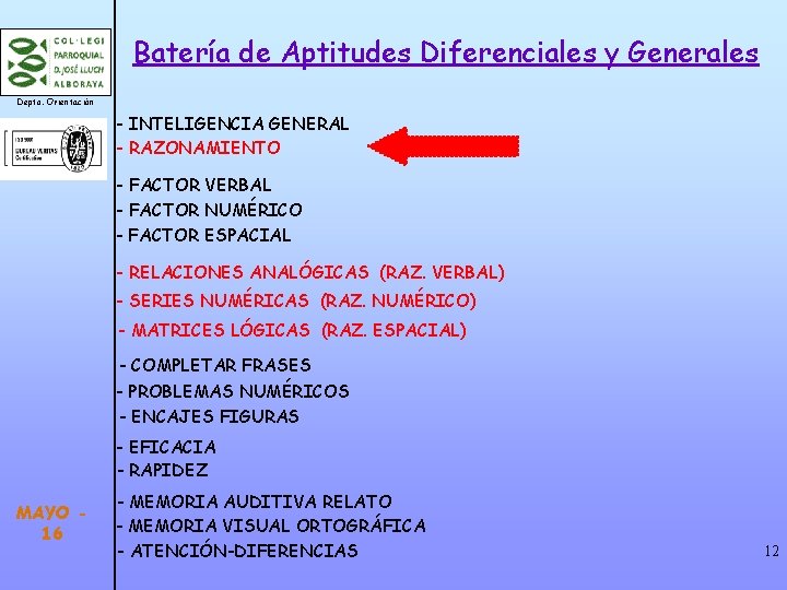 Batería de Aptitudes Diferenciales y Generales Depto. Orientación - INTELIGENCIA GENERAL - RAZONAMIENTO -