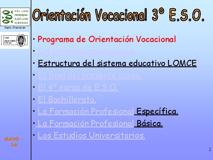 Depto. Orientación MAYO 16 • Programa de Orientación Vocacional • Informe psicopedagógico. • Estructura