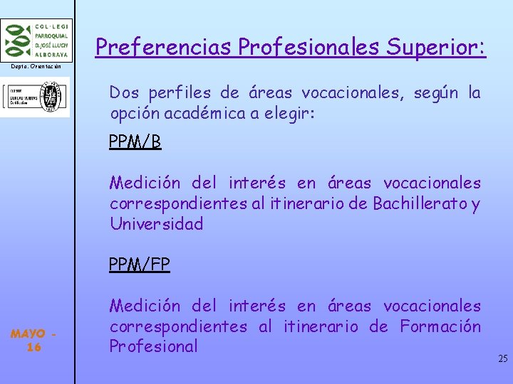 Preferencias Profesionales Superior: Depto. Orientación Dos perfiles de áreas vocacionales, según la opción académica