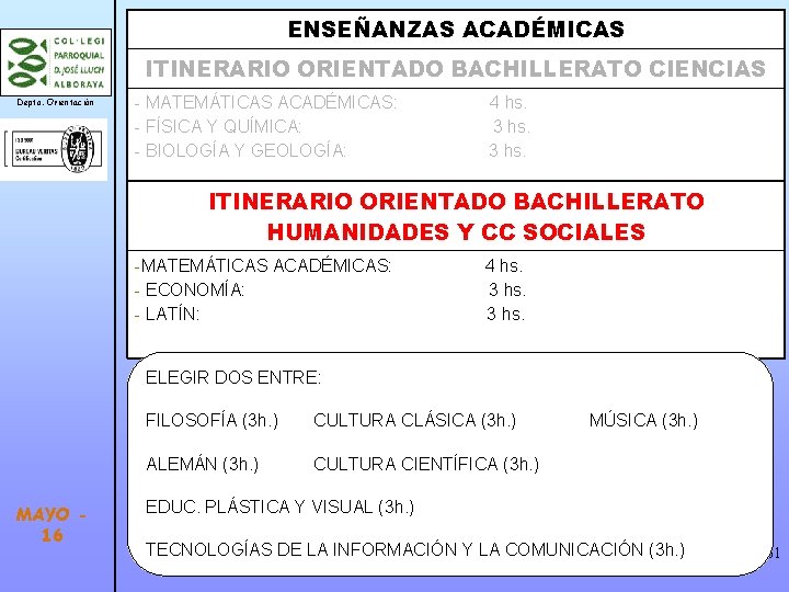 ENSEÑANZAS ACADÉMICAS VÍAS en 4º ITINERARIO ORIENTADO BACHILLERATO CIENCIAS Depto. Orientación - MATEMÁTICAS ACADÉMICAS: