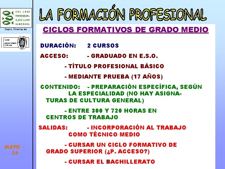 Depto. Orientación CICLOS FORMATIVOS DE GRADO MEDIO DURACIÓN: ACCESO: 2 CURSOS - GRADUADO EN