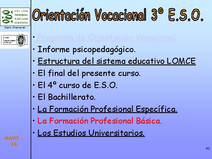 Depto. Orientación MAYO 16 • Programa de Orientación Vocacional. • Informe psicopedagógico. • Estructura