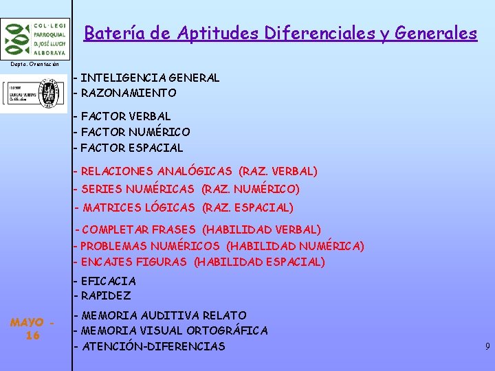 Batería de Aptitudes Diferenciales y Generales Depto. Orientación - INTELIGENCIA GENERAL - RAZONAMIENTO -