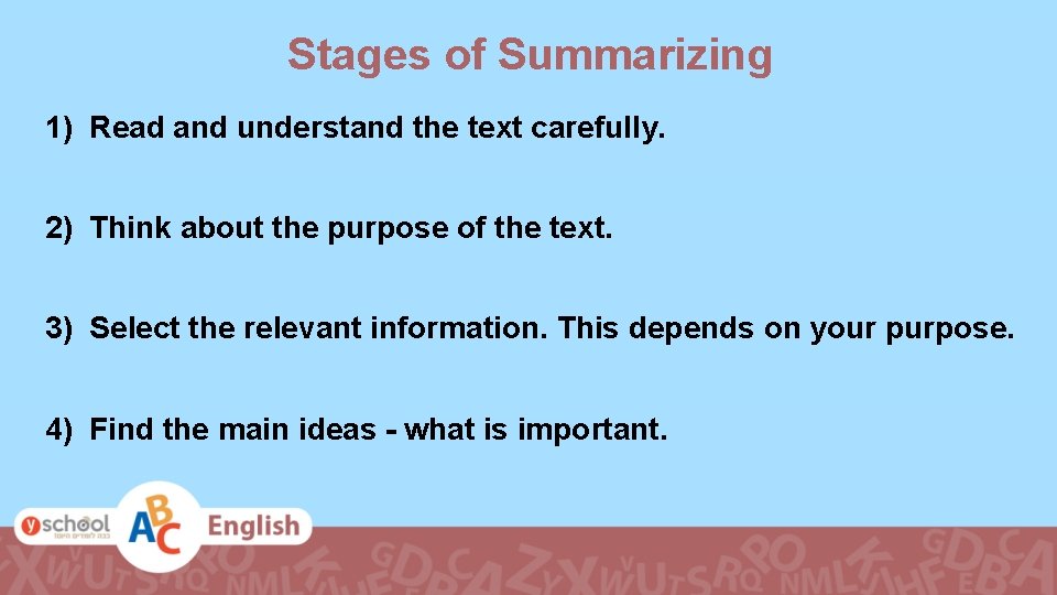 Stages of Summarizing 1) Read and understand the text carefully. 2) Think about the