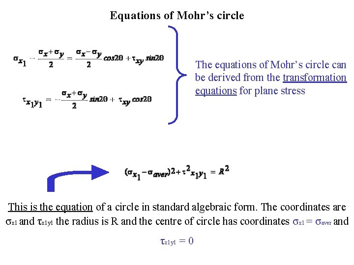 Equations of Mohr’s circle The equations of Mohr’s circle can be derived from the