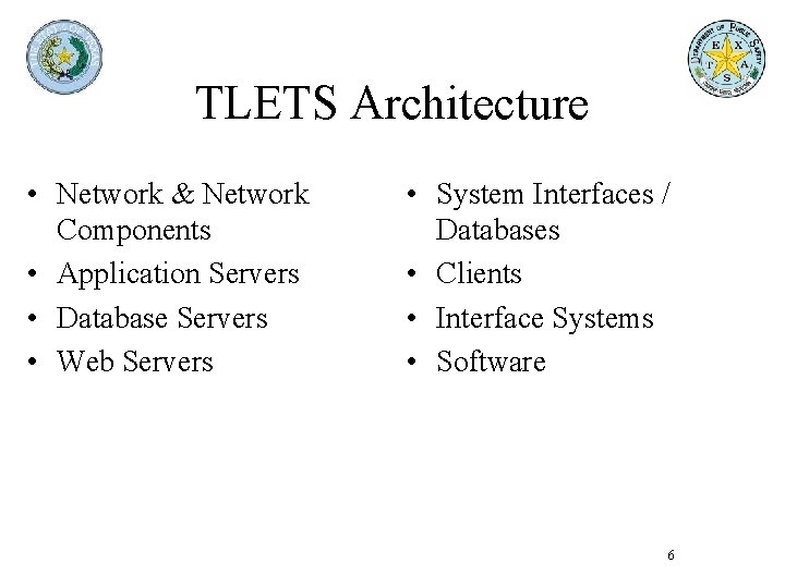 TLETS Architecture • Network & Network Components • Application Servers • Database Servers • TLETS Architecture • Network & Network Components • Application Servers • Database Servers •