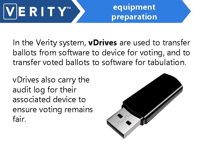 equipment preparation In the Verity system, v. Drives are used to transfer ballots from