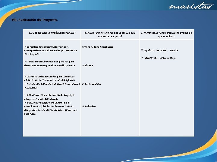 VIII. Evaluación del Proyecto. 1. ¿Qué aspectos se evalúan del proyecto? • Demostrar los