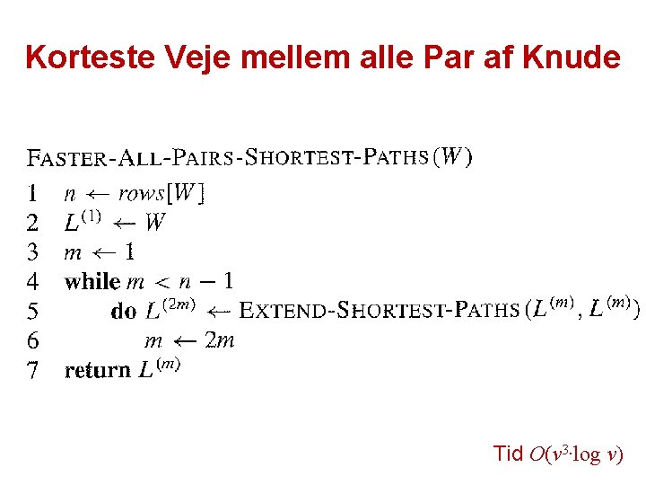 Korteste Veje mellem alle Par af Knude Tid O(v 3·log v) 