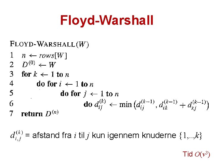 Floyd-Warshall = afstand fra i til j kun igennem knuderne {1, . . ,