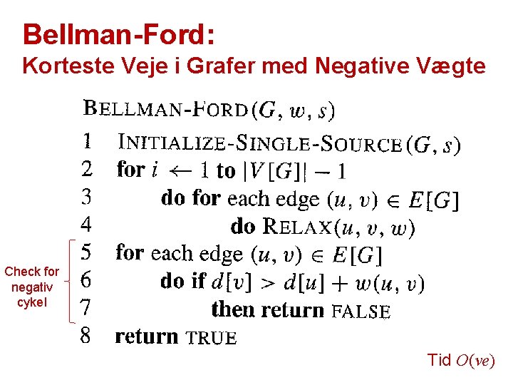 Bellman-Ford: Korteste Veje i Grafer med Negative Vægte Check for negativ cykel Tid O(ve)