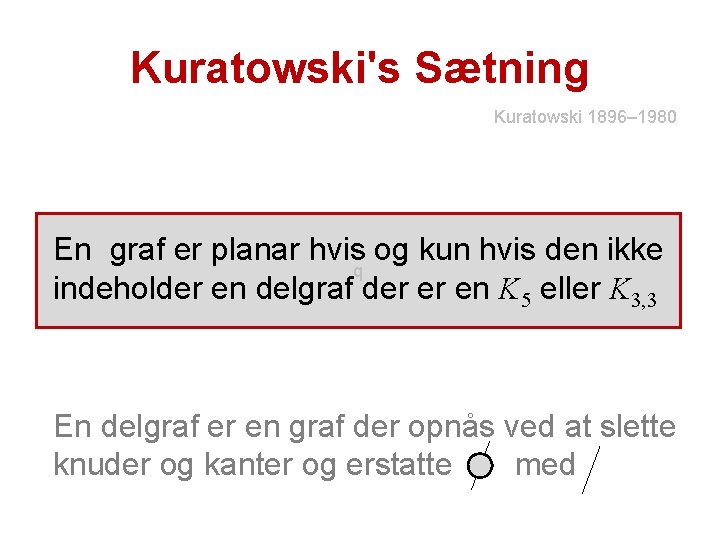 Kuratowski's Sætning Kuratowski 1896– 1980 En graf er planar hvis og kun hvis den