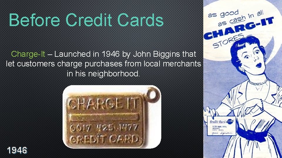 Before Credit Cards Charge-It – Launched in 1946 by John Biggins that let customers