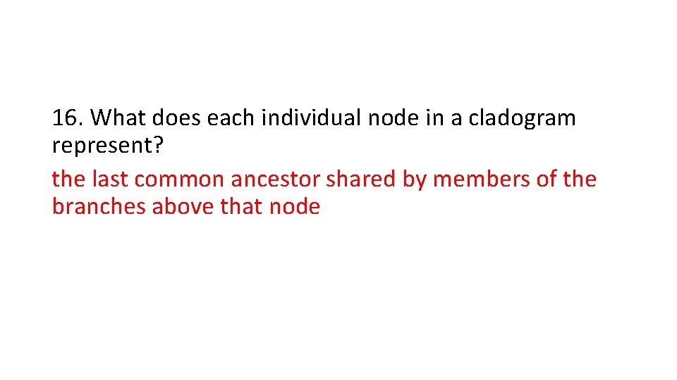 16. What does each individual node in a cladogram represent? the last common ancestor