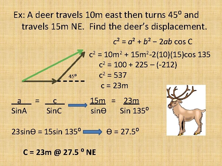 Ex: A deer travels 10 m east then turns 45⁰ and travels 15 m