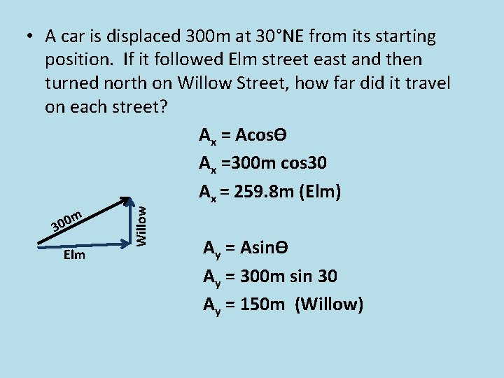 m 300 Elm Willow • A car is displaced 300 m at 30°NE from