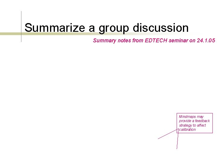 Summarize a group discussion Summary notes from EDTECH seminar on 24. 1. 05 Mindmaps