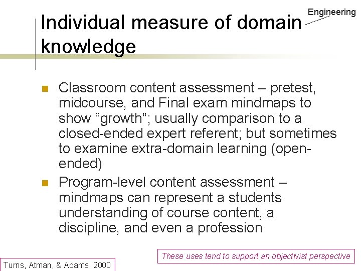 Individual measure of domain knowledge n n Engineering Classroom content assessment – pretest, midcourse,