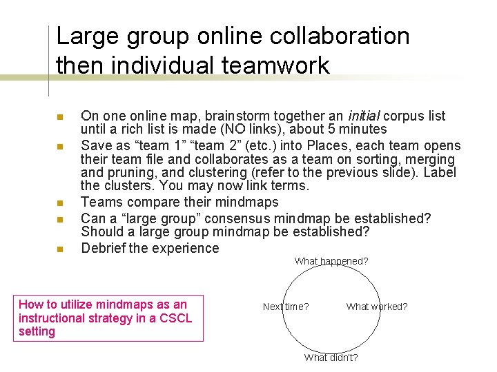 Large group online collaboration then individual teamwork n n n On one online map,