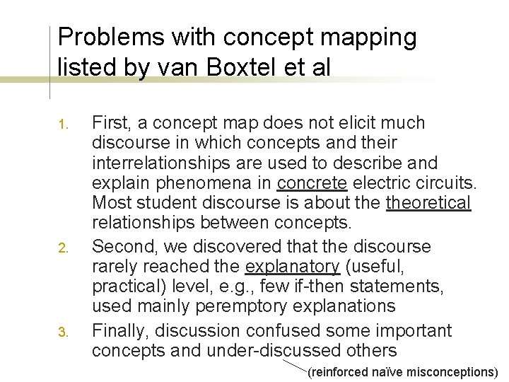 Problems with concept mapping listed by van Boxtel et al 1. 2. 3. First,